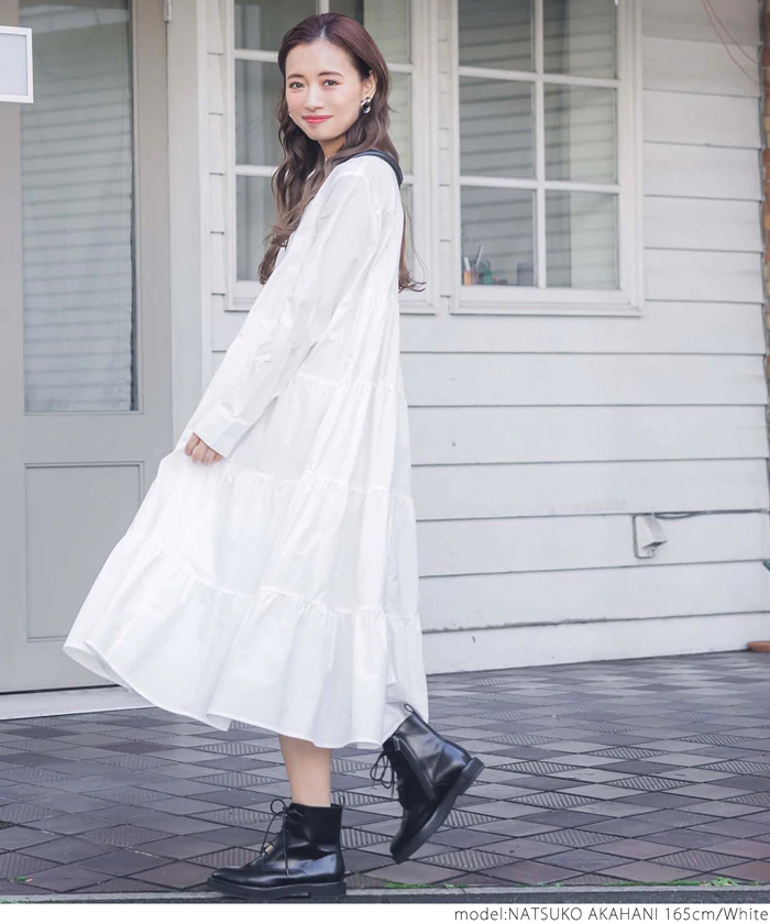 日本 COCA - 純棉氣質超寬鬆A字蛋糕層次長袖洋裝-紫