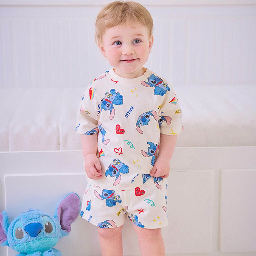 (聯名款)繽紛卡通人物史迪奇印短袖套裝-米白