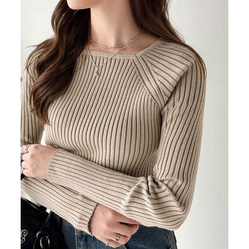 優雅羅紋合身針織長袖上衣-卡其