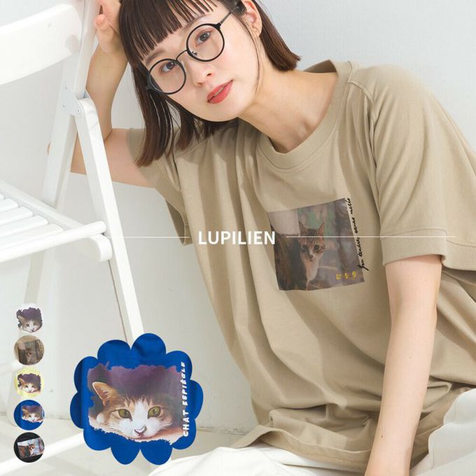 日本 Lupilien - 療癒休閒感落肩長版T恤-貓咪照片-寶藍