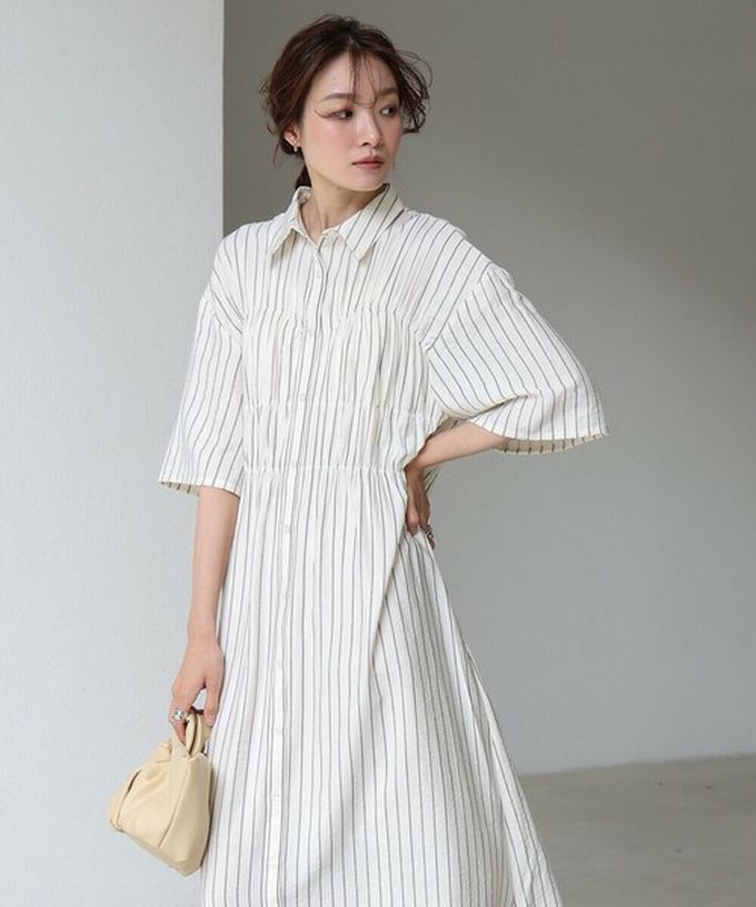 日本 Bab - 時尚抓皺襯衫式五分袖洋裝-條紋-粉紅