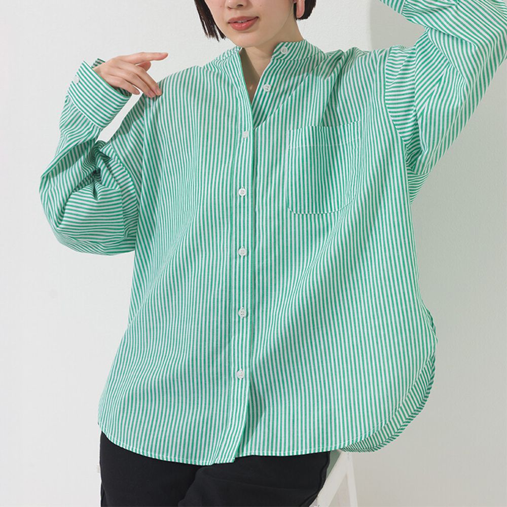 純棉 俐落條紋寬鬆感立領襯衫-翠綠