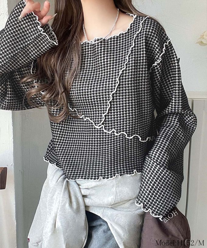 日本 Classical Elf - 2way華夫格木耳捲邊浪漫長袖上衣-炭灰