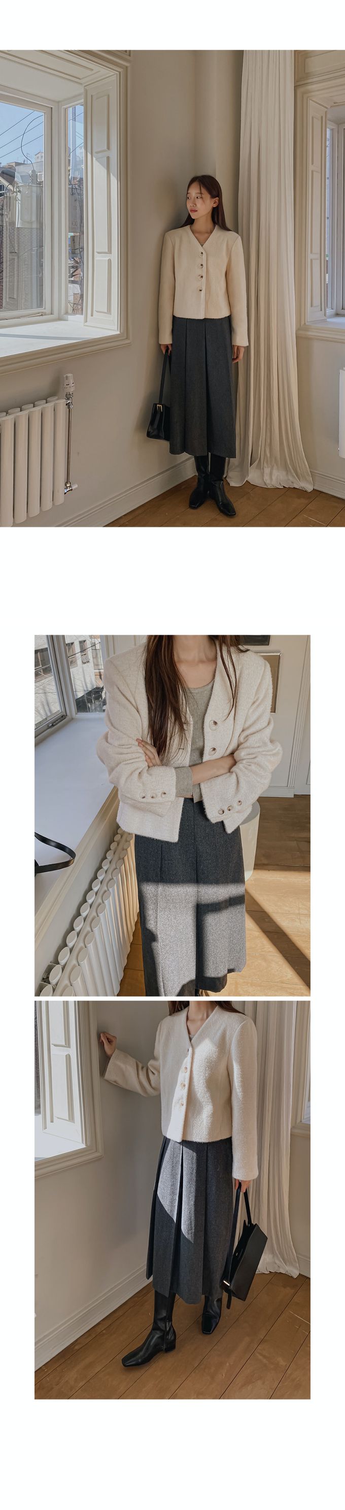 韓國 Urbantheroom - 都市感混羊毛後拉鍊中長裙-深灰