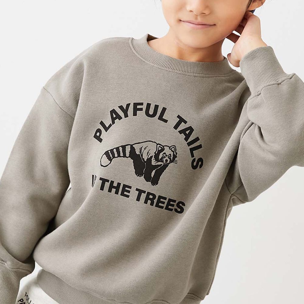 裏起毛動物印花大學T-小狸貓-灰棕