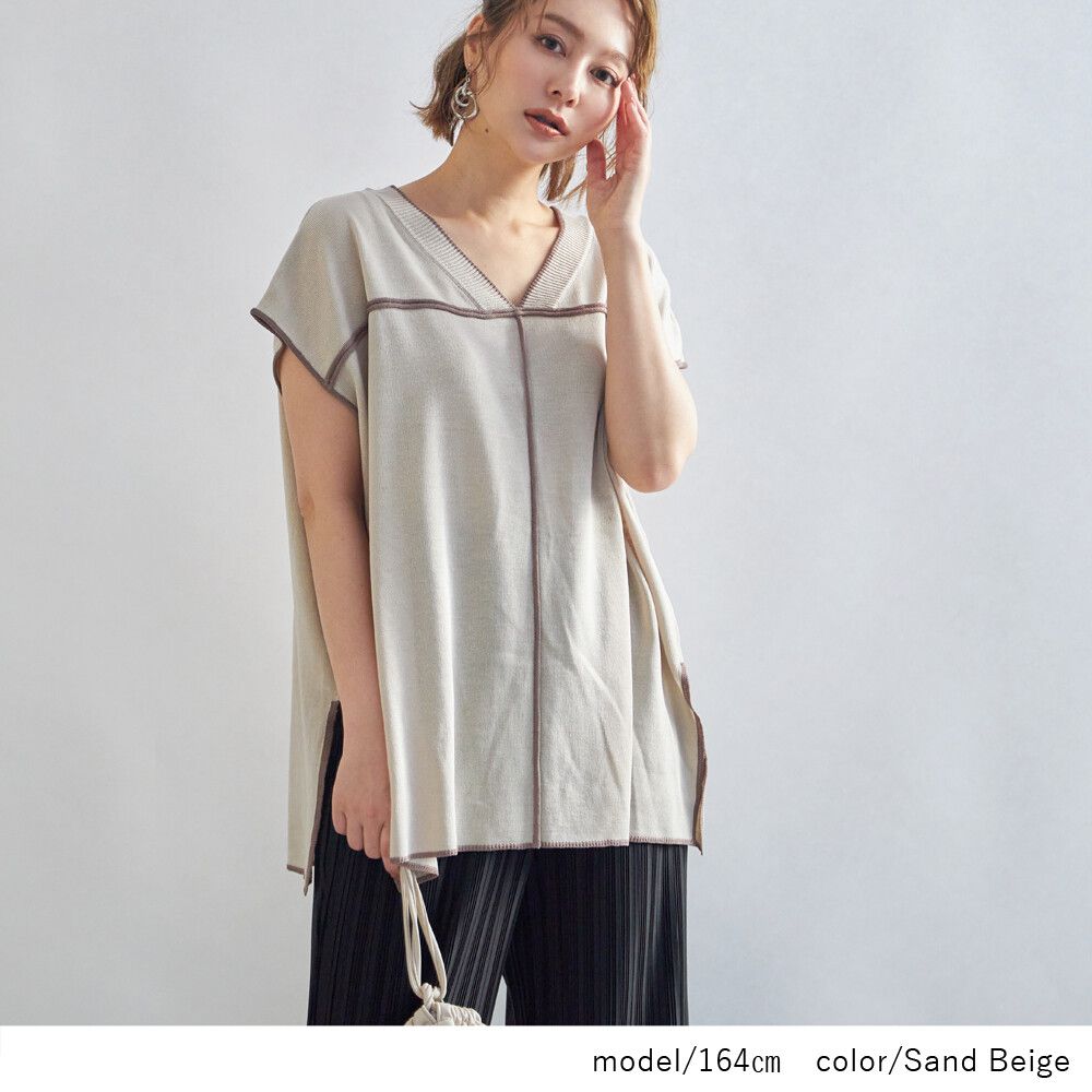 日本 Rejoule - 2way撞色線條針織短袖上衣-灰 (M(Free size))