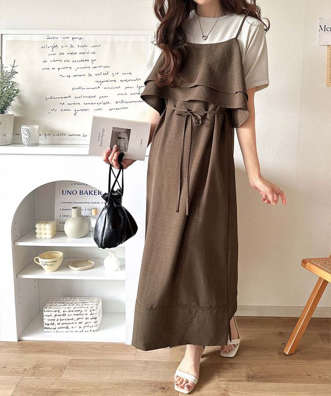 日本 Classical Elf - 雙層荷葉可愛感細肩帶洋裝-米杏