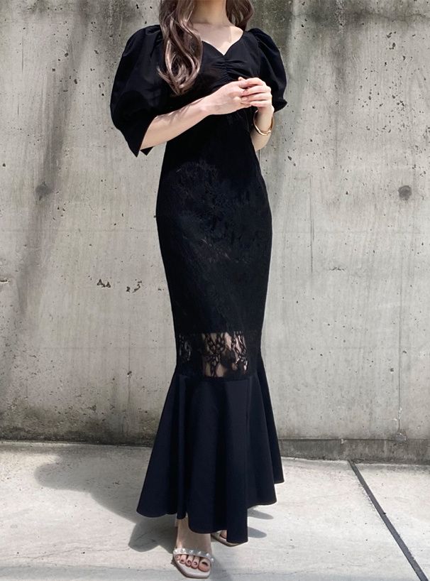 日本 GRL - 公主浪漫蕾絲拼接魚尾洋裝-經典黑