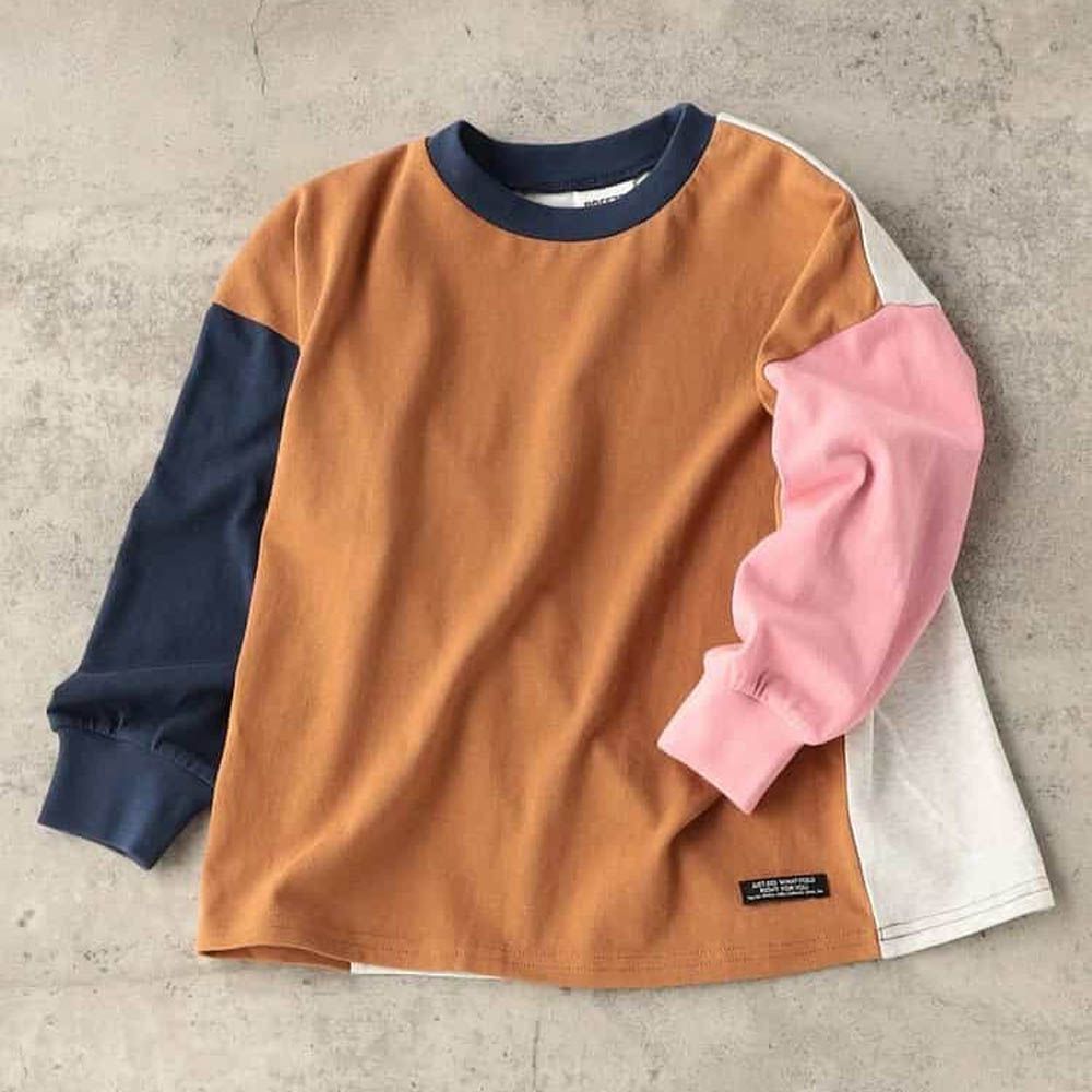 100%棉 定番款搭縮口長袖上衣-撞色-棕X粉紅X藍
