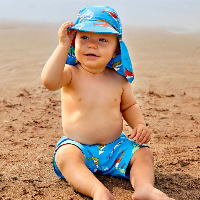 英國 JoJo Maman BeBe - 嬰幼兒/兒童泳裝戲水UPF50+防曬護頸遮陽帽-鯊魚世界