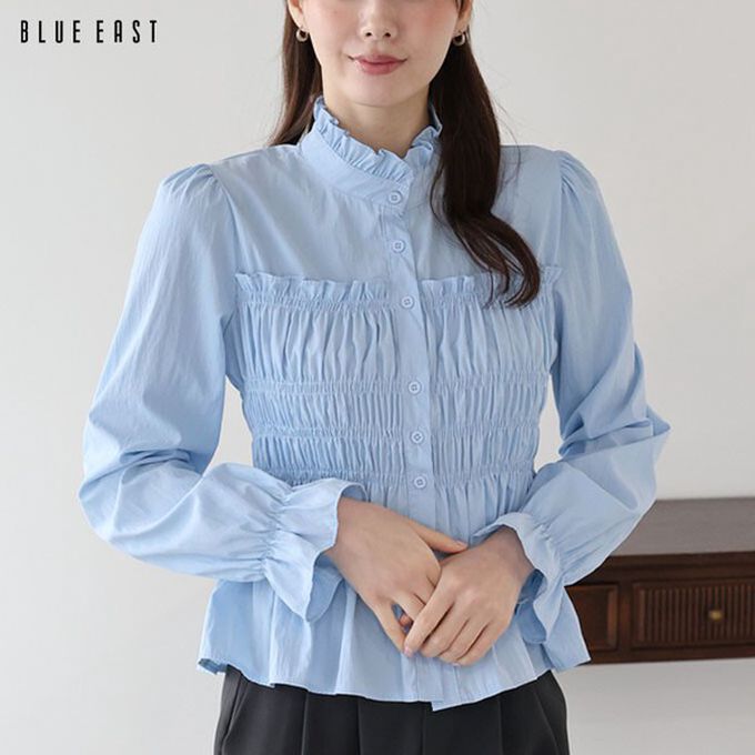 日本 BLUE EAST - 小立領荷葉皺摺束腰長袖襯衫-白