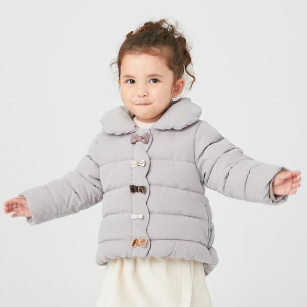 日本 petit main - 可愛蝴蝶結澎澎領鋪棉外套-粉紅