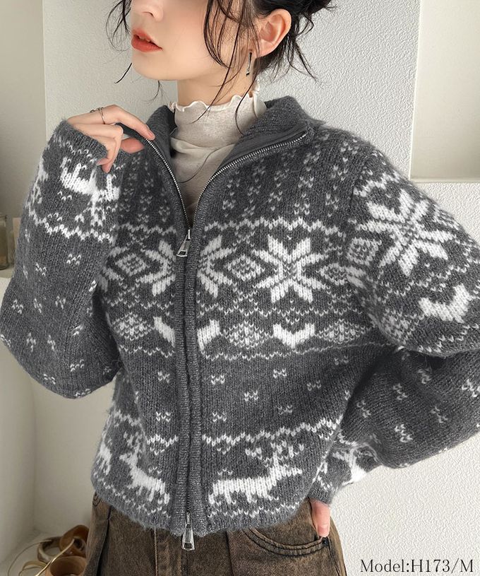 日本 Classical Elf - mily bilet 北歐雪花氛圍短版針織外套-米x藍