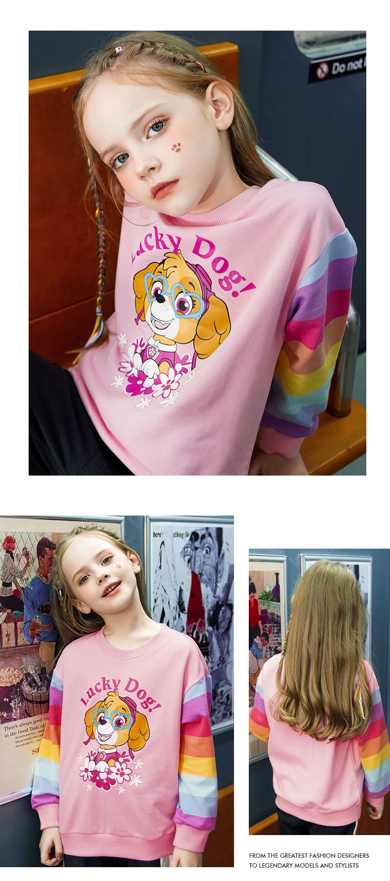 卡通汪汪隊圓領彩虹長袖上衣-卡通人物天天-粉色