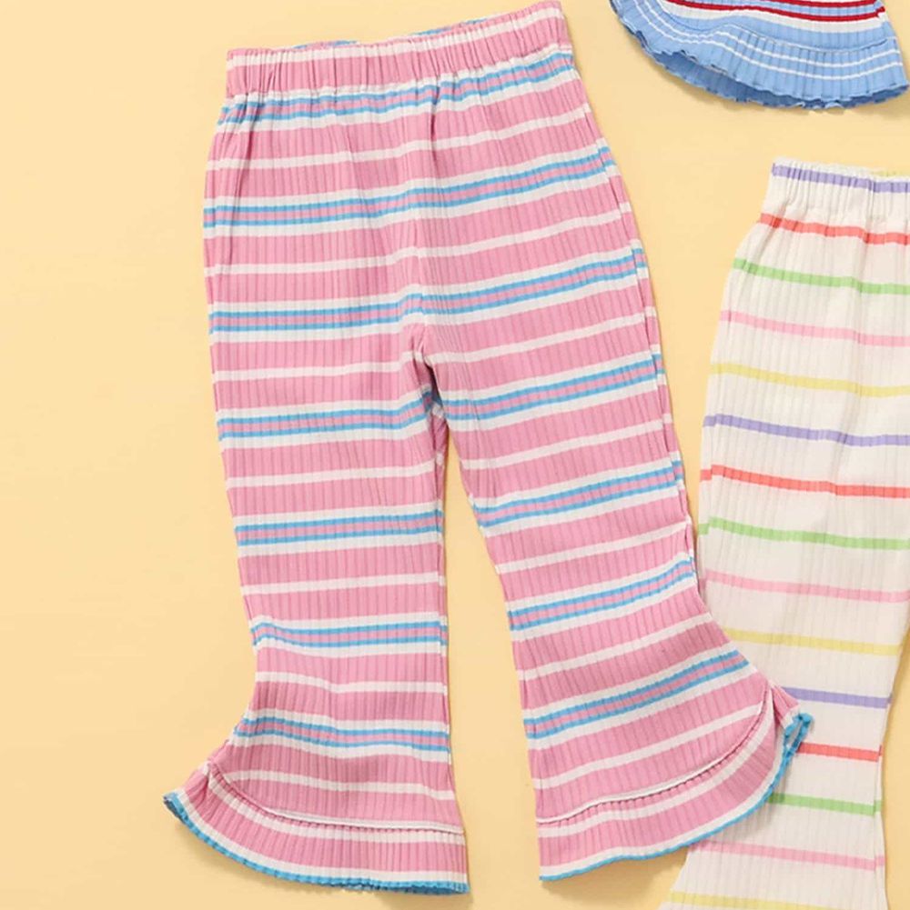 可愛荷葉羅紋合身喇叭褲-條紋-粉紅