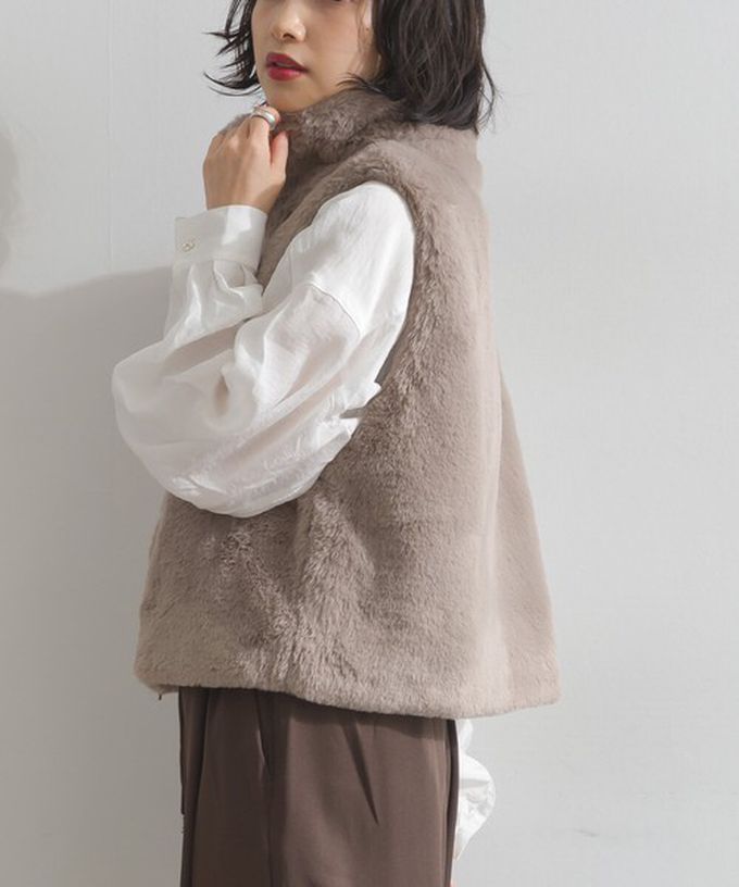 日本 ELENCARE DUE - 柔軟蓬鬆仿毛立領雙拉鍊背心-炭灰