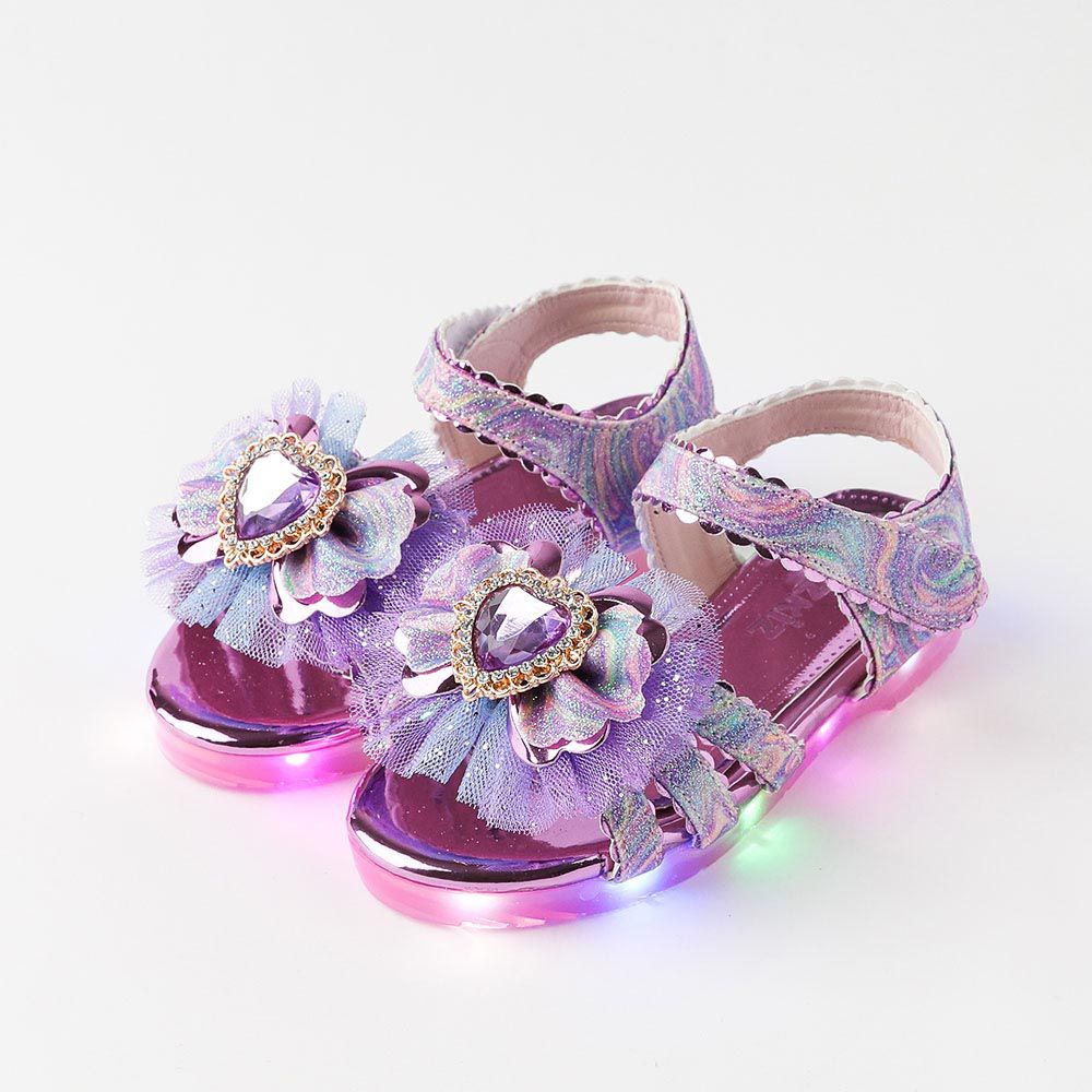 韓國 OZKIZ - (LED)寶石心網紗花蝴漆皮涼鞋-迷幻紫