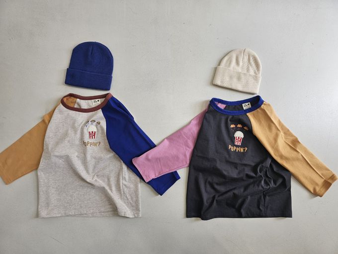 韓國 First Blue - 美味爆米花印長袖上衣-黃橘X燕麥X寶藍