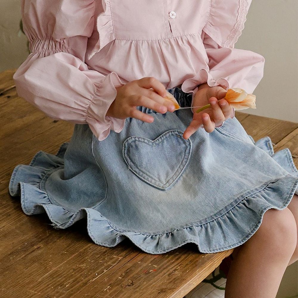 Puellaflo 鬆緊腰愛心口袋丹寧短裙-淺藍