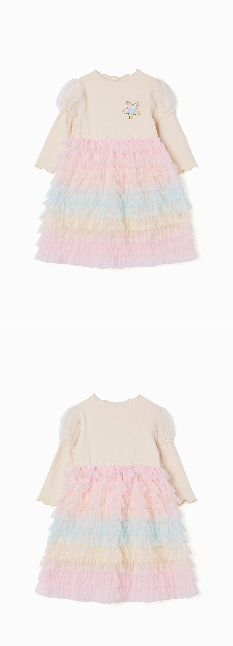 韓國 OZKIZ - 星星柔彩網紗拼接洋裝-奶油米