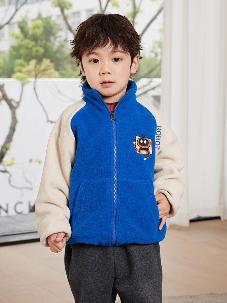 搖粒絨保暖兒童外套-小小機器人-灰色