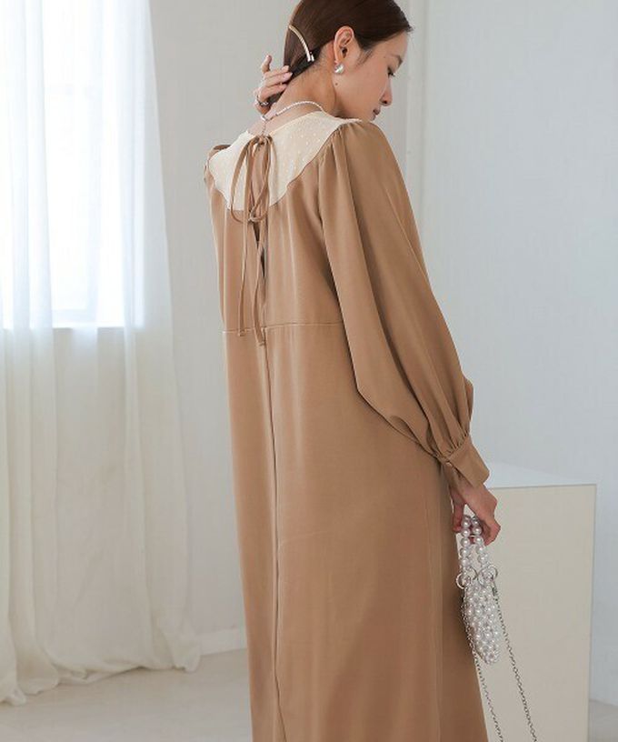 日本 Bab - 優雅蕾絲拼接背綁帶長袖洋裝-黑