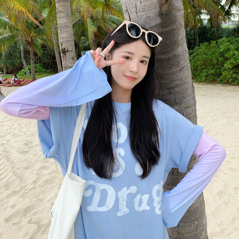 寬鬆成人冰絲防曬袖套-漸層款-粉+藍 (F(約48x12cm))