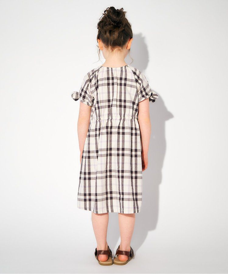 日本 apres les cours - 袖緞帶滿版印花束腰洋裝-格紋-黑白