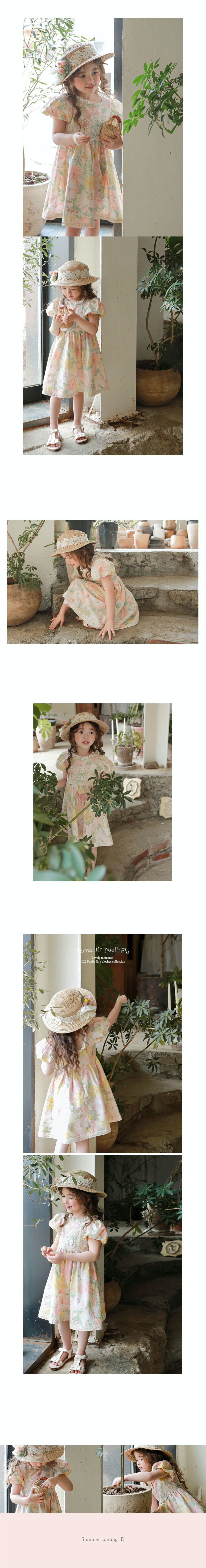 韓國 Puellaflo - 透膚蕾絲裝飾花朵泡泡袖洋裝-粉紅