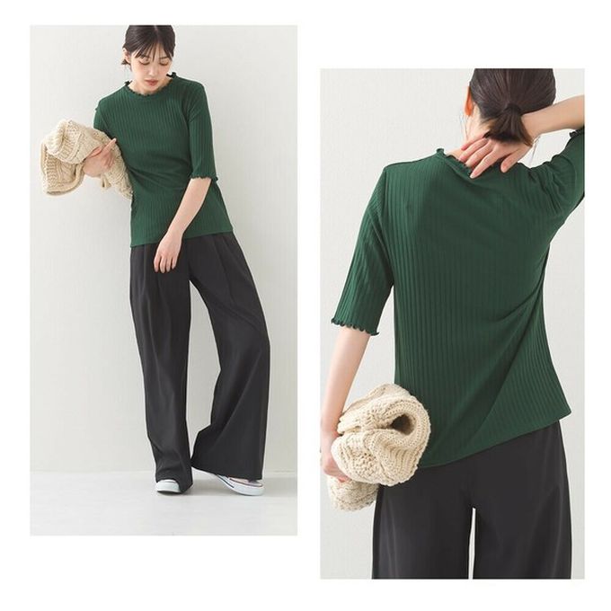 日本 OMNES - 輕盈木耳邊合身羅紋短袖上衣-黃