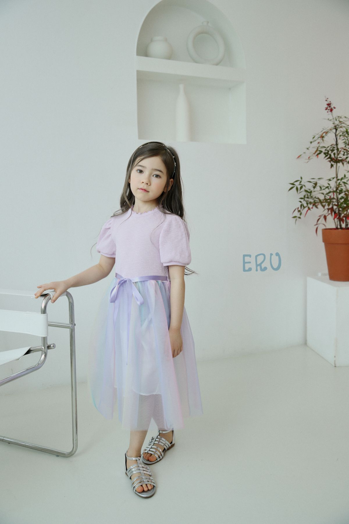 韓國 ERU - 夢幻彩虹漸層網紗洋裝-粉紅