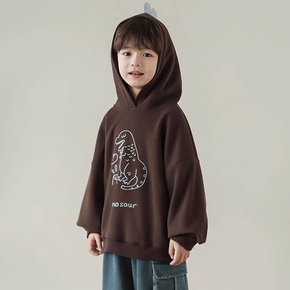 立體連帽落肩長袖上衣-恐龍-咖啡色