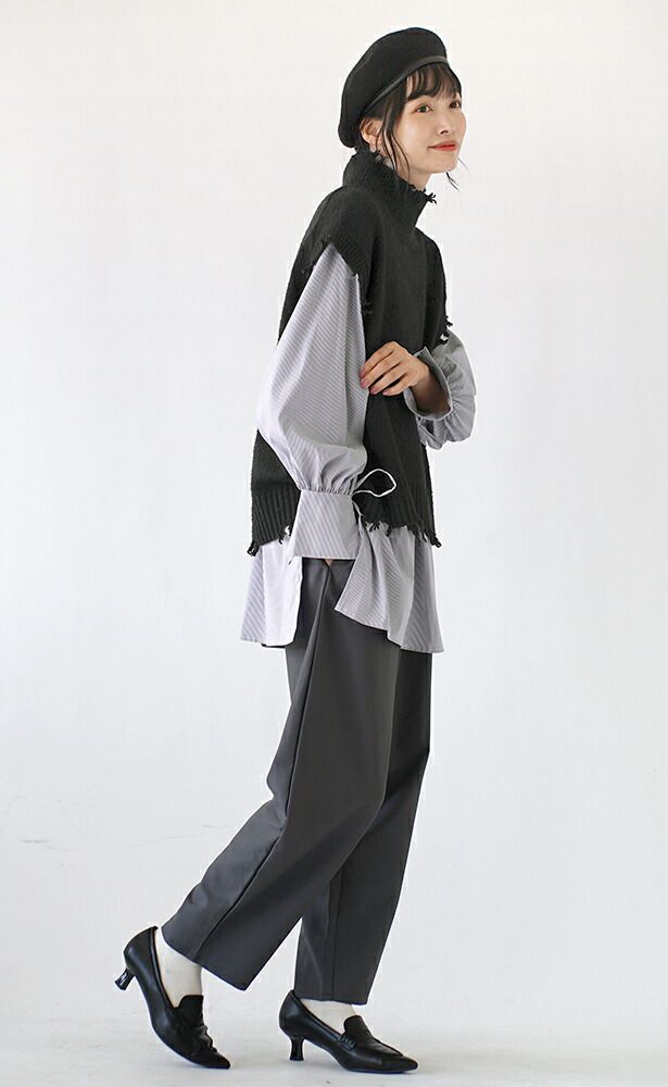 日本 zootie - 繫帶開衩袖口襯衫長版上衣-深藍條紋