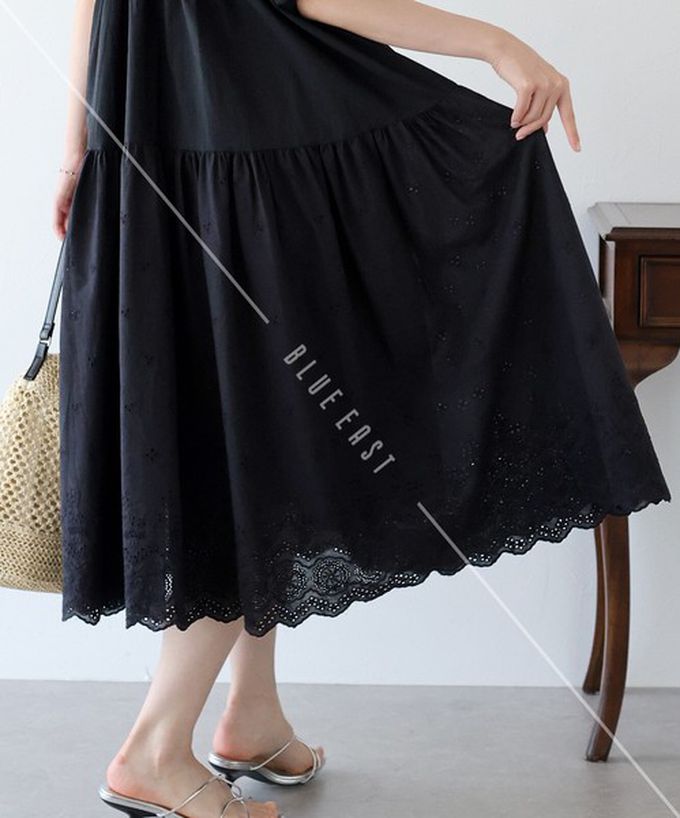 日本 BLUE EAST - 100%棉 下擺精緻蕾絲泡泡短袖洋裝-淺卡其