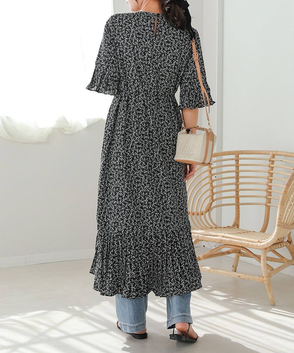 日本 Bab - 圓領碎花糖果袖洋裝-奶油白