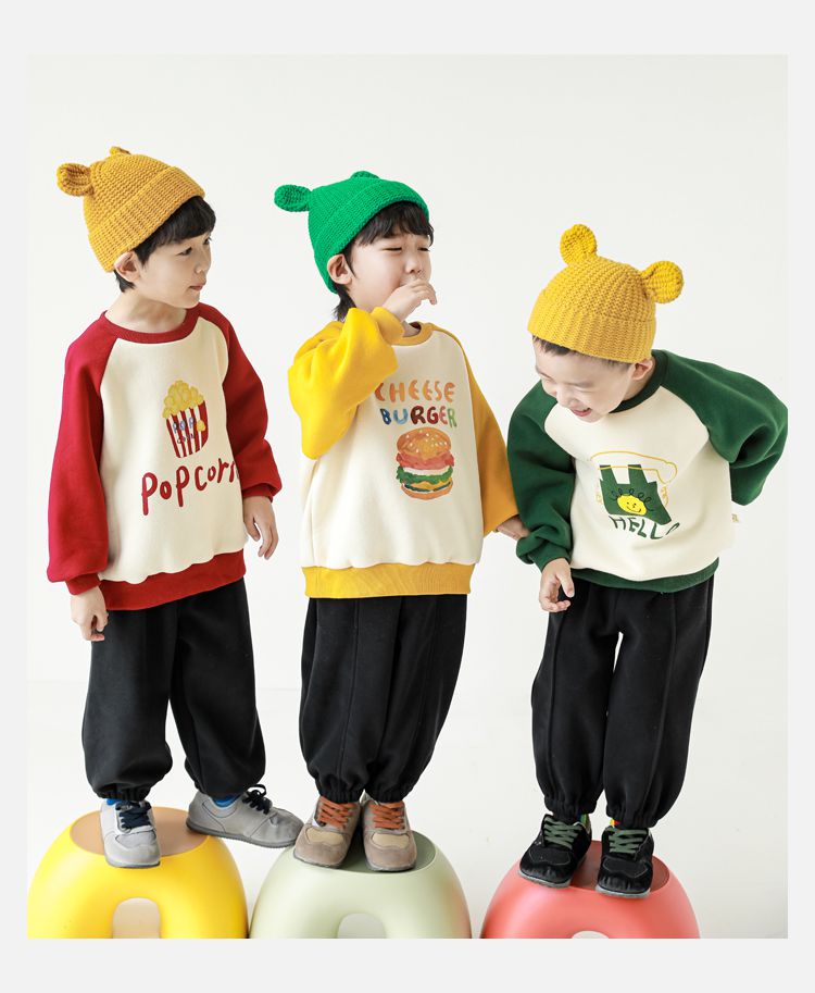 TONGMO - (加絨)卡通圓領保暖長袖上衣/大學T-漢堡-黃+米白