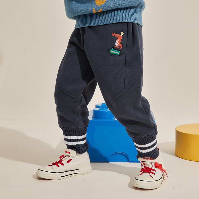 薄絨腰鬆緊休閒保暖束口長褲-呆呆小鱷魚-深灰色