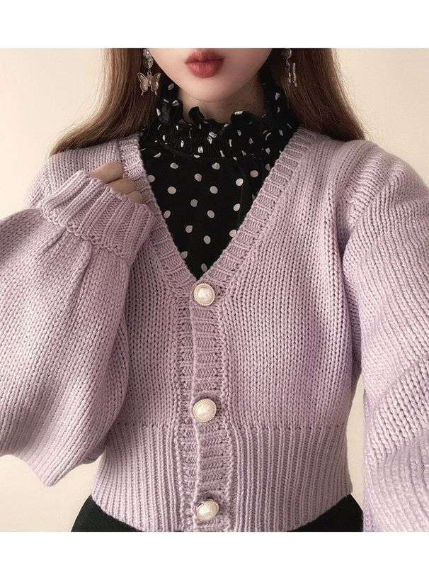 日本 GRL - V領珍珠釦泡泡袖針織外套-淺粉紫 (F)