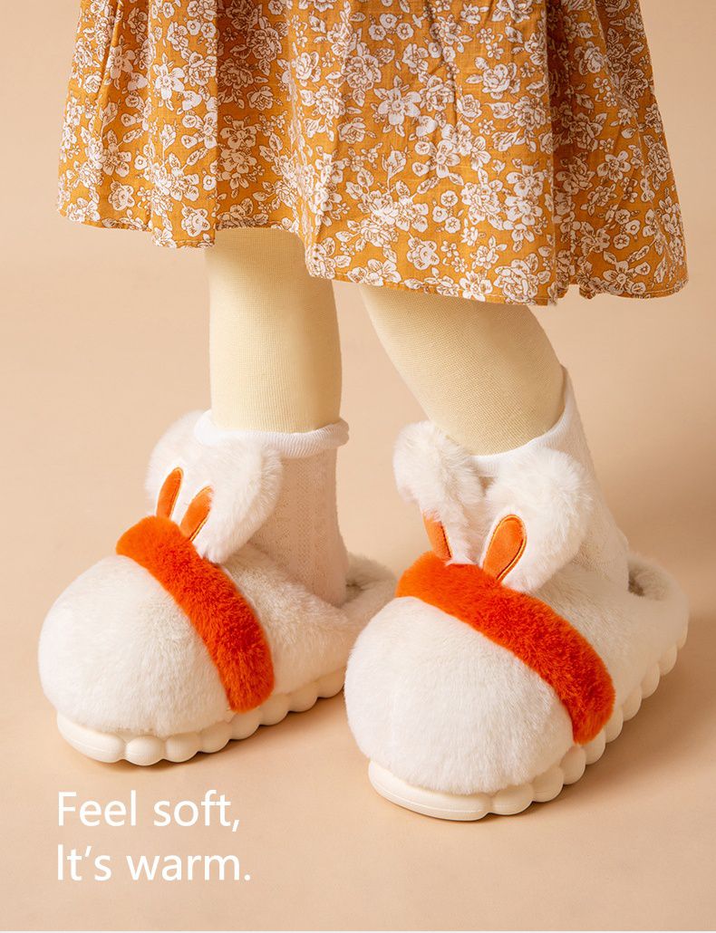 兒童毛毛保暖室內拖鞋(厚底)-兔耳-粉色