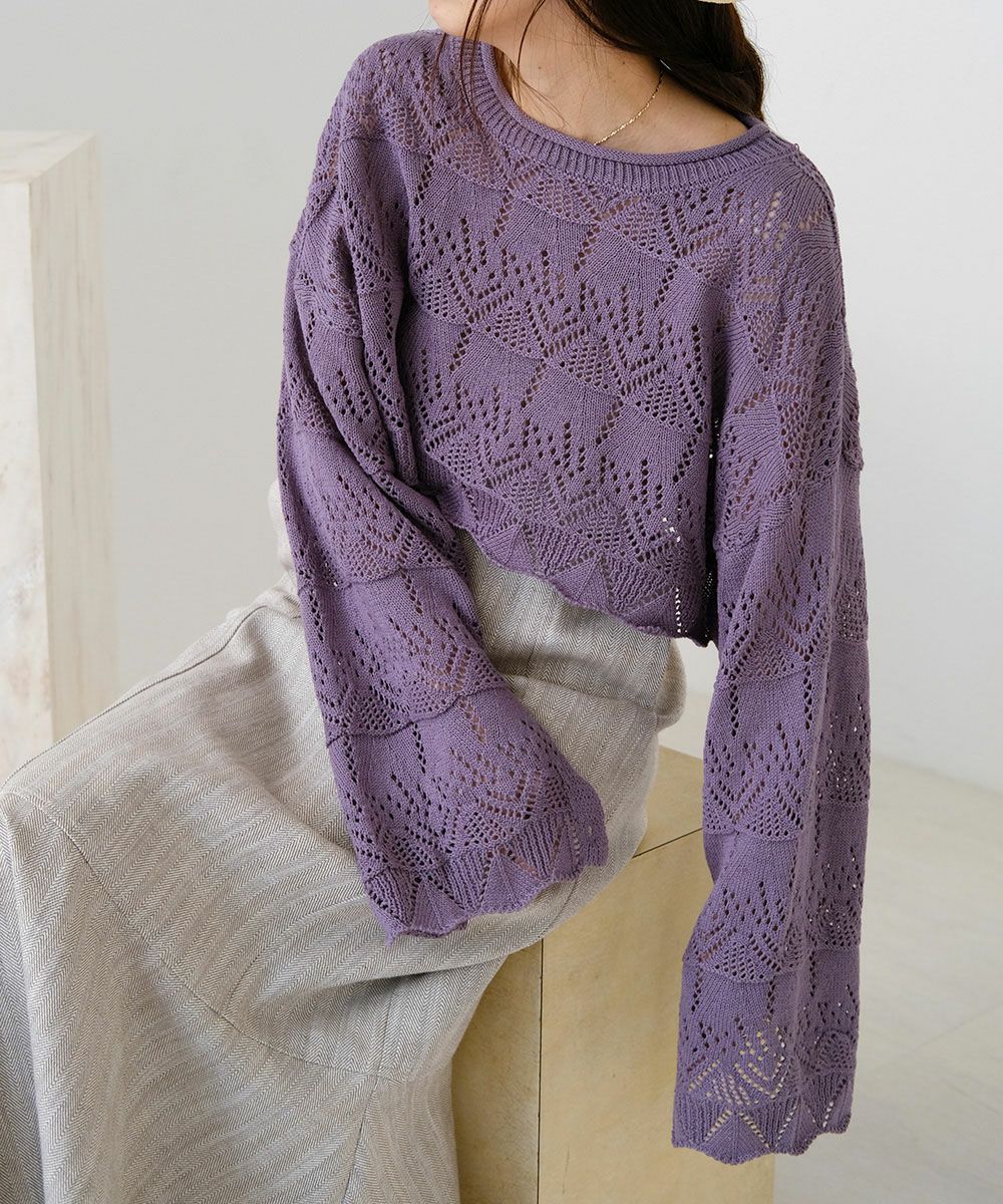 日本 Bou Jeloud - 鏤空設計短版寬袖針織上衣-米