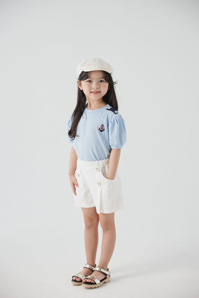 韓國 Coco Bang - 鬆緊腰裝飾釦抓褶短褲-深藍