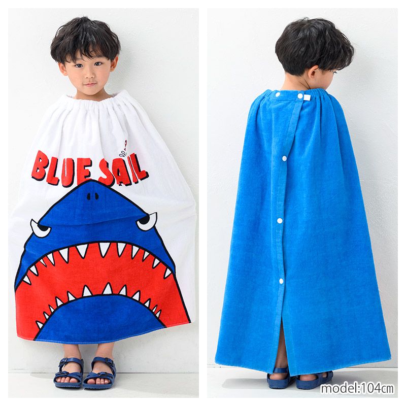 日本 ZOOLAND - 純棉海灘/游泳浴巾/浴袍 (附釦)-B鯊魚大開口-白 (長80cm(國小中年級以上))
