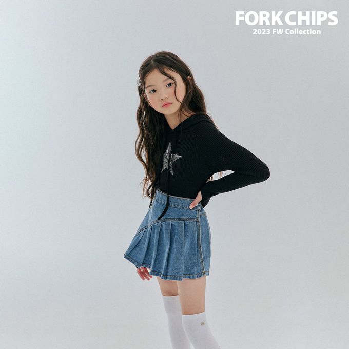 韓國 FORK CHIPS - 鬆緊腰不對稱百褶丹寧褲裙