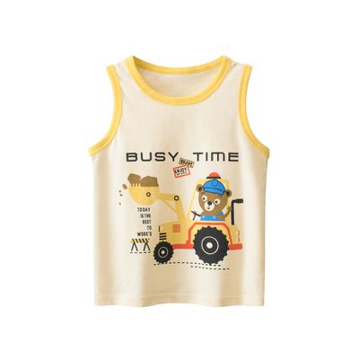 27KIDS - 純棉無袖背心上衣-挖土機熊熊-米杏