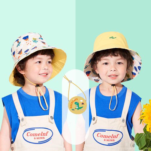 可調節兒童大帽簷防曬遮陽帽-雙面可戴+秒變斜背包-森林黃