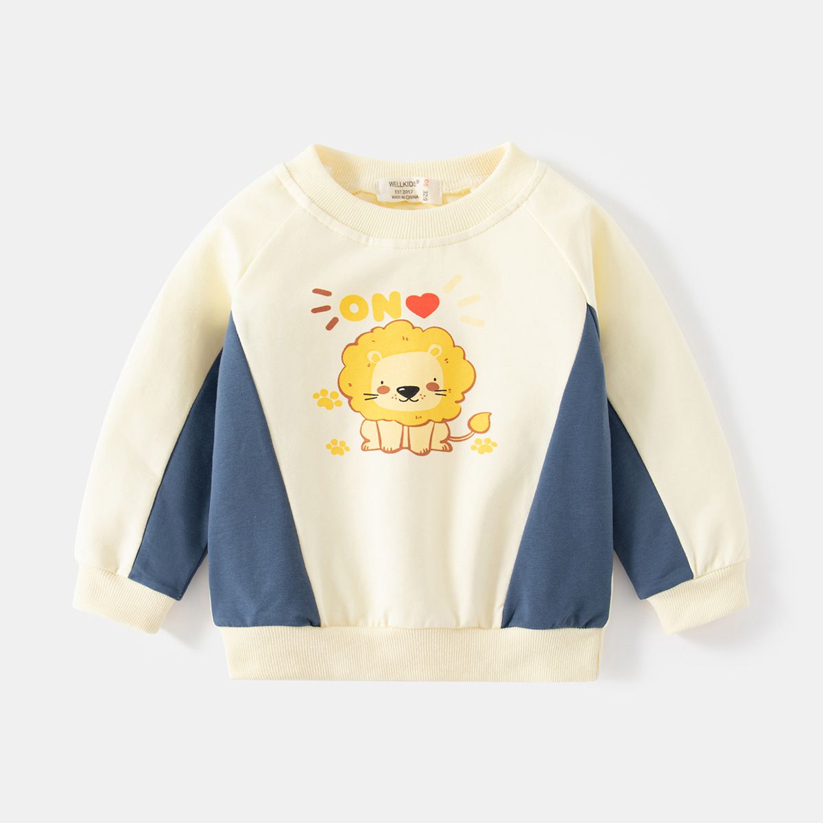 WELLKIDS - 圓領棉質長袖上衣/大學T-陽光小獅子-杏+藍