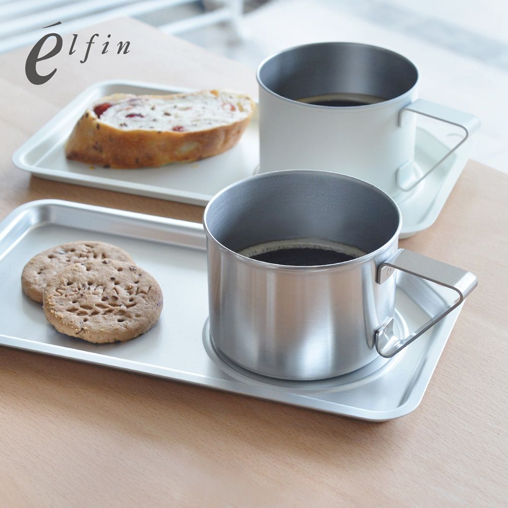 日本高桑 elfin - 日製輕食刻杯盤2件組(輕鋁餐盤+18-8不銹鋼馬克杯)-復古銀