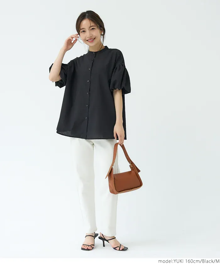 日本 COCA - 輕薄圓領泡泡短袖襯衫-淺米