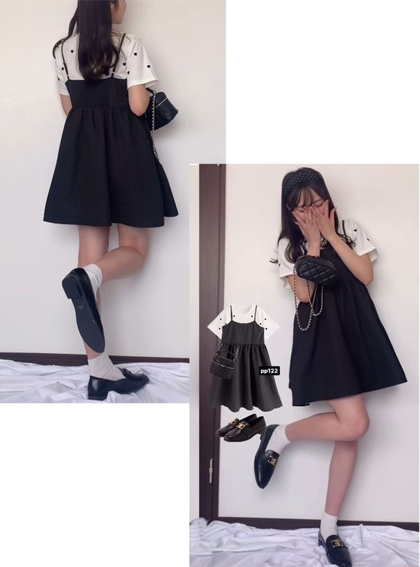 日本 GRL - 甜美泡泡布吊帶背心裙-黑 (F)