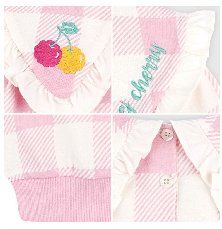 韓國 HEJMINI - 粉紅格紋荷葉翻領T恤-粉